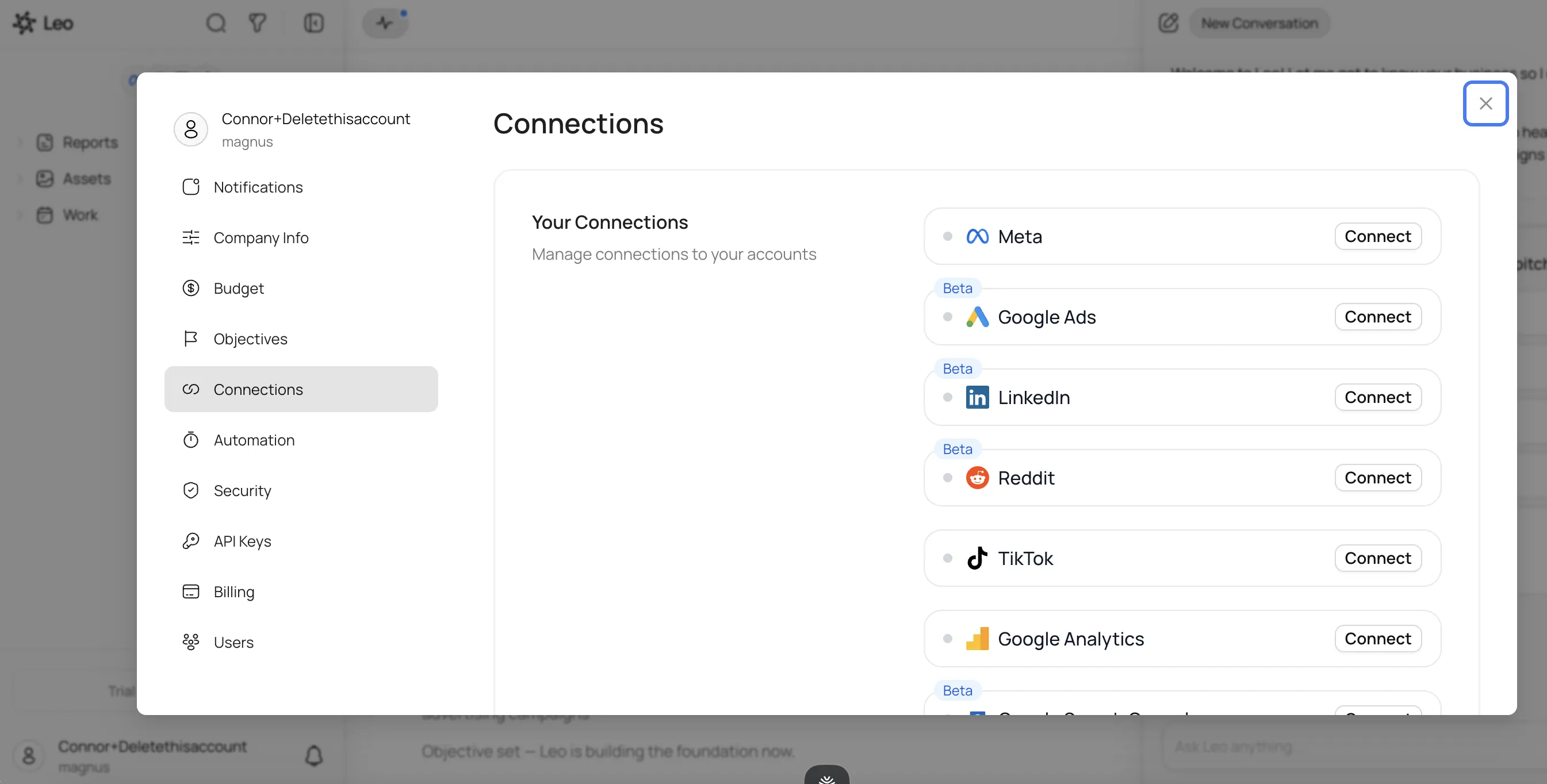 Percuity connections settings
